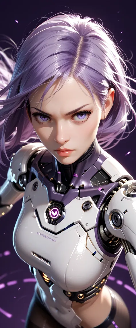 Thin, purple-haired female, cybernetic body parts, see through leggings, blank dark purple background, detailed, action pose, above, over shoulder, close up,