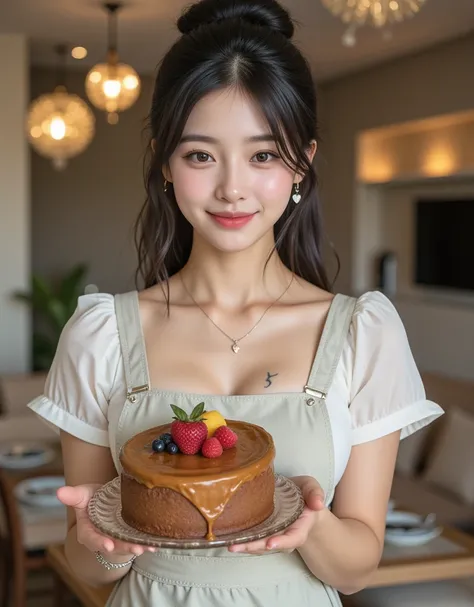 (Profile of a super cute busty Korean female college student holding a fruit cake she made and showing it to the camera:1.2)(Happy smile:1.2)(16k,  RAW photos ,  top quality,  Masterpiece: 1.2),( cute bun hair with glossy black hair )  Super Detail,  Super...