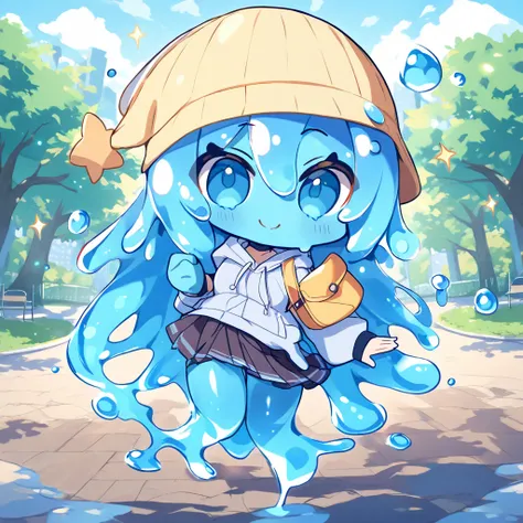 masterpiece, best quality, slime girl, chibi, smile, hoodie, skirt, blue skin, slime hair, park