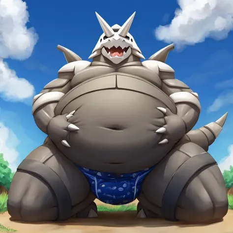 Pokemon aggron, vore, squirming belly, obese bulging belly, gurgle, hands on belly, thick diaper, low perspective 