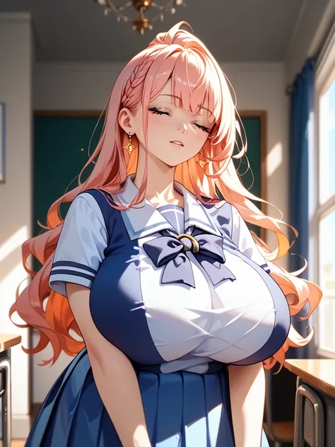 NSFW, ultra detailed, high quality,1girl, gigantic breast, (tracen school uniform), closed eyes 