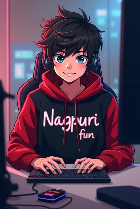 A vibrant and engaging anime-style 18-year-old india boy with a smart appearance, sitting behind a modern computer desk. He is wearing a black and red hoodie with the Channel Name 'Nagpuri fun' written on it. In front of him on the desk is a laptop, along ...