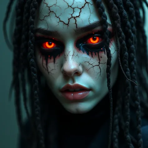 A close up of a mysterious woman with cracked, mud-like skin, red eyes and long cybernetic dreadlocks and a heartbroken expression. Her features blend cool white skin with molten lava textures, exuding a dark enigmatic aura. intricate details, HDR, beautif...