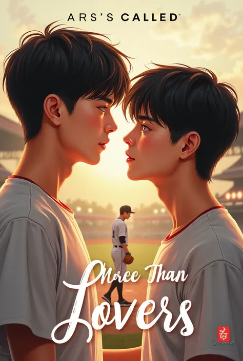 Baseball-themed book cover ,  I want three young Asian men on the cover ,  one in the background a little distant and two in the front facing each other, I want some baseball details .  with the title More Than Lovers written in cursive letters 