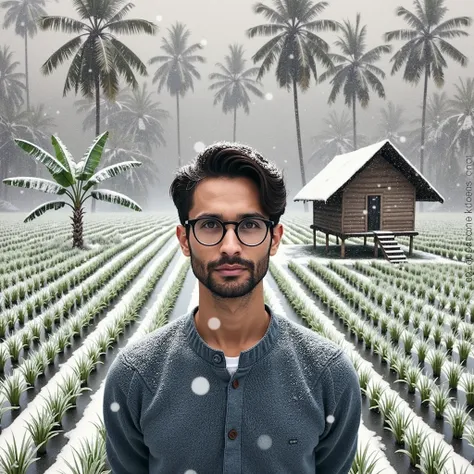 Ultra-realistic portrait of a 30-year-old Indonesian man with glasses and side-parted hair, standing in a snowy rural village. He is near a traditional bamboo or wooden house, with banana trees in the background, their leaves dusted with snow. Dressed in l...