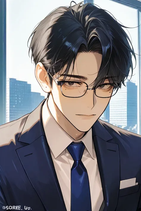 mele,white business shirt,suit jacket,black hair,handsome,mole under eye,adult,suit style,navy blue tie,high stature,spectacles,within the company,face close-up,adult atmosphere,office,stand at a window