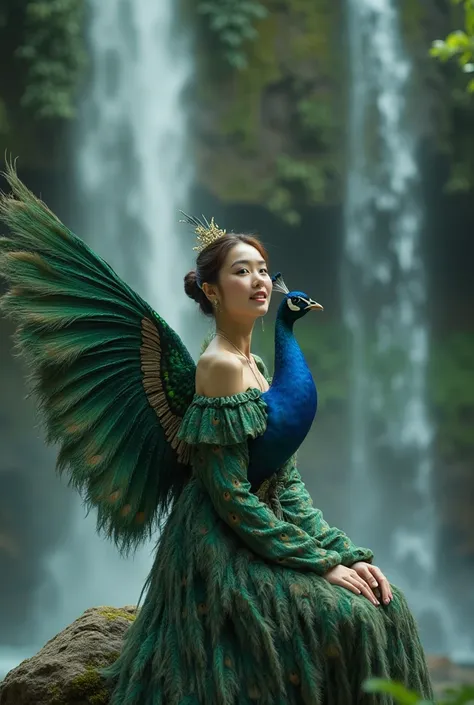  beautiful waterfall background , a beautiful Korean woman sits on a stone obisidian brown bun hair, gaun hijau pendek menutup leher dengan  big wings  bulu merak, detail (( peacock wings )), ((  big wings ),  ((intact wings )), ((beautiful wings )) , penc...