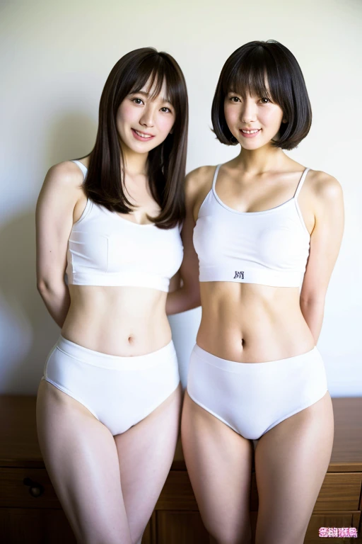 Two girls standing in an upscale bedroom , White Trimmed Two Piece School Swimsuit,string,18 years old,bangs,Laugh a little, thighs,total,Knee, shortcuts, short hair,from below、Round and jiggling ass、 cute、 track and field uniforms