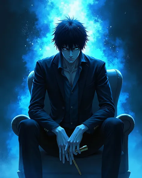 "L" is the full-body character of Death Note, sitting on the chair with a confident face & his hand has a death note—and blue arura background. 