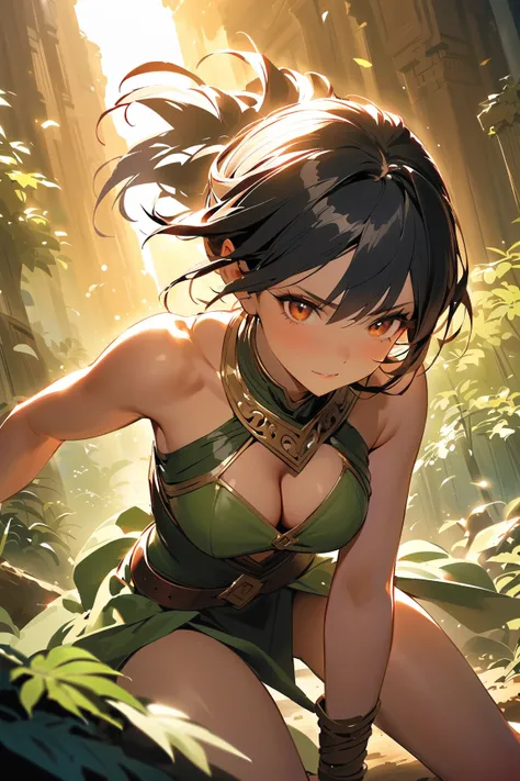 1 girl, (charming face), warrior goddess, (medium length hair:1.2), (determined look), large breasts, slim, (wearing a battle dress), leather straps, (earthy tones), 
BREAK 
enchanted forest, ancient ruins, (charging forward:1.2), mystical creatures, dynam...