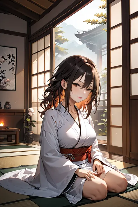 The tips of the brown hair are burning like flames、 big breasts、 beautiful woman wearing traditional Japanese clothes 。 kimono is worn loosely 、 her collarbone and chest are slightly revealed 。 the silky smooth fabric 、 has a delicate flower pattern drawn ...