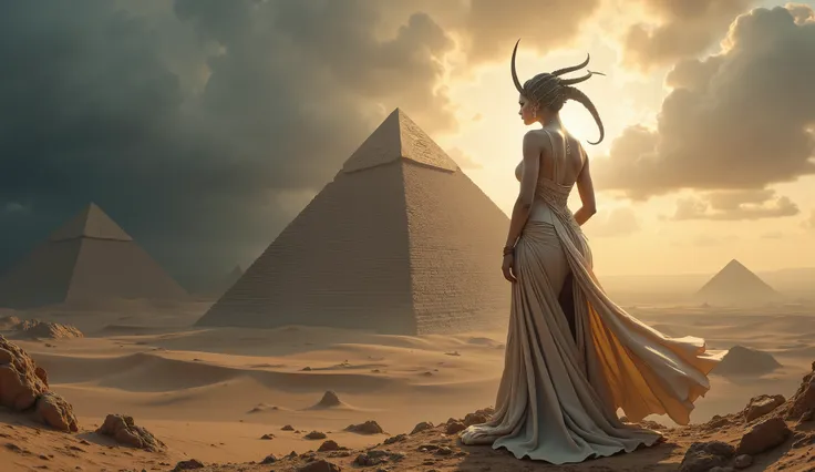 beautiful alien with humanoid head in open dress with deep cleavage stands sitting on the very top of Egyptian pyramid, humanoid head, sun breaking through storm clouds, 8k, best quality, masterpiece, high resolution, original, extremely detailed wallpaper...