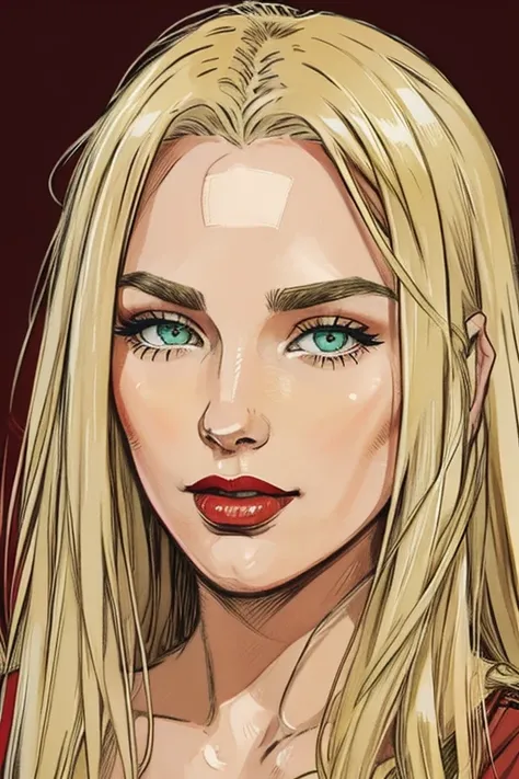 A beautiful woman with long and straight blonde hair and emerald-green eyes. The woman is 26 years old. The woman has lovely makeup on her face. The woman wears red lipstick. Symmetrical eyes. Symmetrical face. Comic-style realism animation mixed with digi...