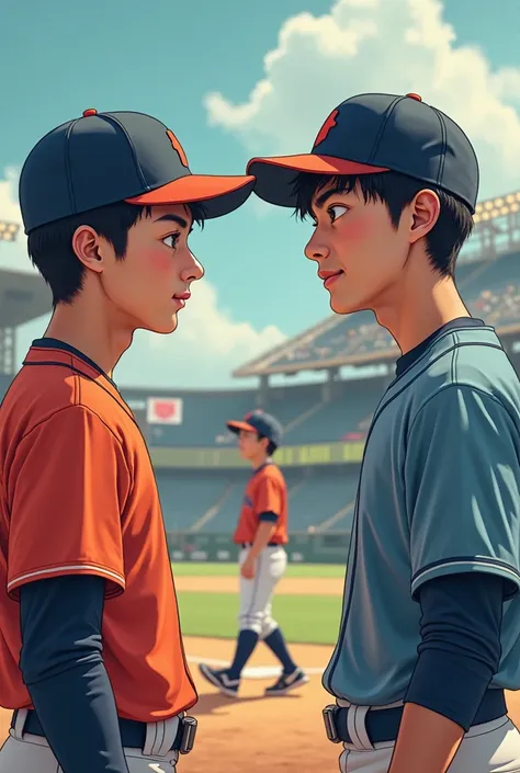 Baseball-themed book cover ,  I want three young Asian men on the cover ,  one in the background a little distant and two in the front facing each other, I want some baseball details .