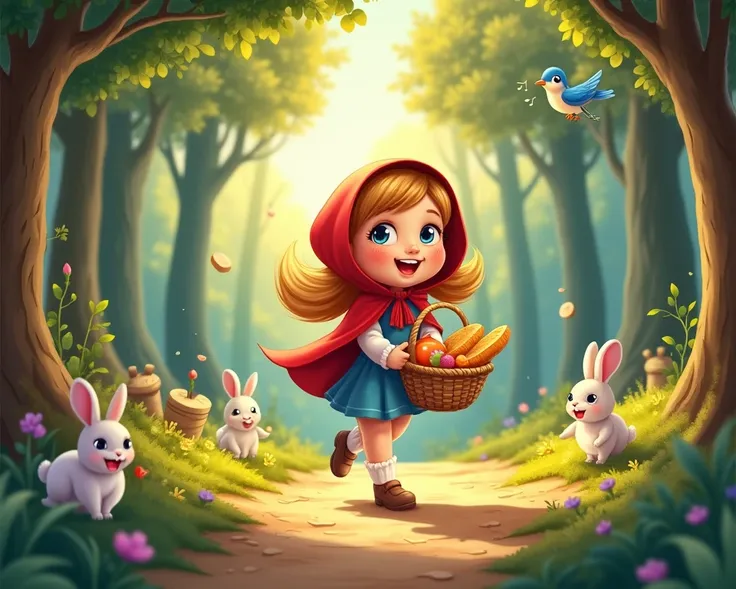 A cheerful young girl, Red Riding Hood, skips along a bright and colorful forest path. She wears a red cape, carries a woven basket filled with warm soup and fresh bread, and hums a happy tune. The forest is lively, with sunlight filtering through tall, le...