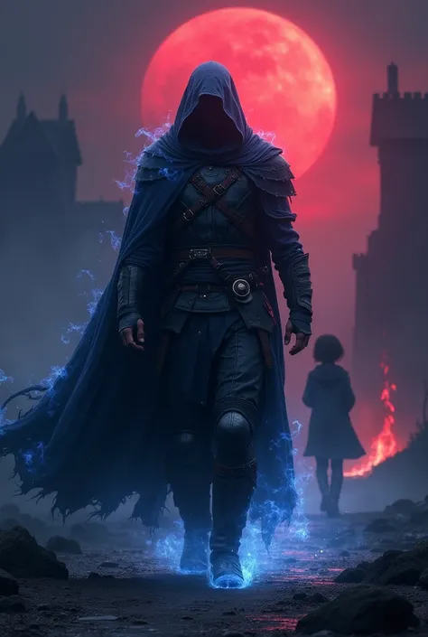 A warrior made of dark energies that look like dark blue and dark purple mist and flames. He has a cloak and his face is shadowed under the cloak, underneath his cloak he has a light armor made of leather and reinforced with dark black metal. Gothic fantas...