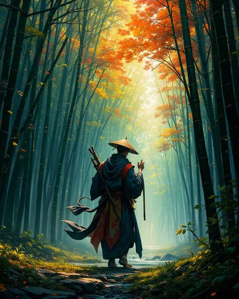  A komuso monk walks through a bamboo forest , While playing shakuhachi ,  The sound of silence turns to color as he approaches the audience.,   Absurd aesthetics High Resolution , Masterpiece, Anatomically Correct, Accurate, Award Winning, Best Quality, S...