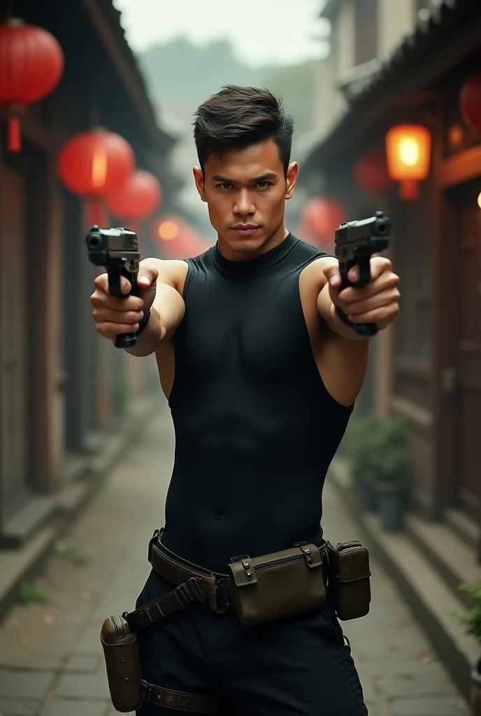 "A tough young man, with an athletic build, wearing a black leotard and trousers. He carried two pistols in both hands, pointing them forward in a ready-to-fight pose. He wore a tactical belt equipped with a pouch and a gun holster around his waist and The...