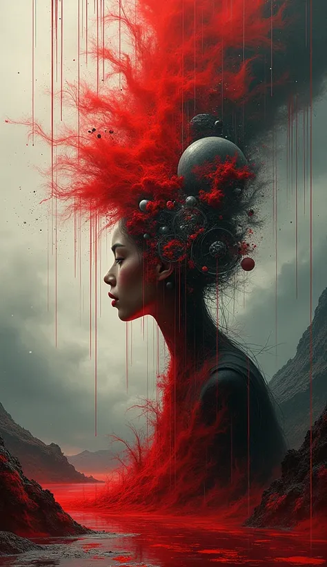 Create a creative arts design,  using a surreal collage, Red Rain 