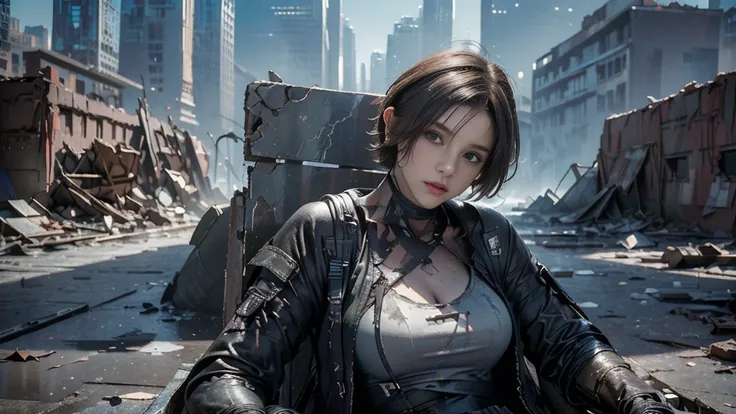  masterpiece,  high resolution, 8,000,( Portrait Photos:1.5),(R Original Photo),Reality,Digital Photography,(Ruins of the Apocalypse  ),City ruins， Ruined Buildings，Urban Battlefield ，A 20 year old beautiful woman， short hair，Shut up，  post-apocalyptic sce...