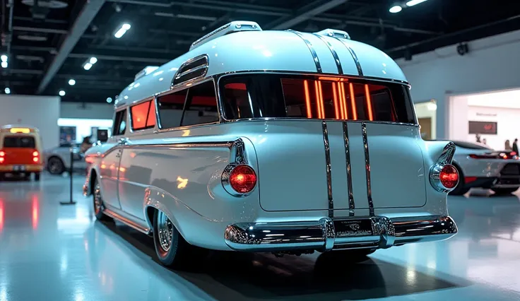 A straight back view of a futuristic Chevrolet Bel Air motorhome with a retro-modern design. The motorhome features a sleek two-tone paint job with chrome accents, large vertical taillights inspired by the classic 1950s Chevrolet Bel Air, and an aerodynami...