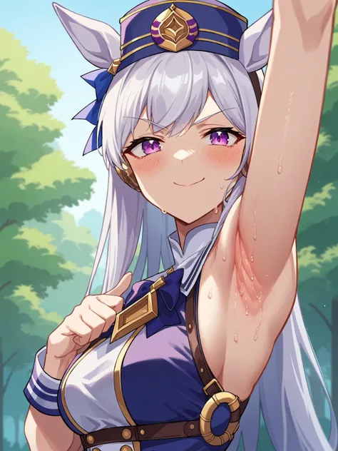 score_9, score_8_up, score_7_up, source_anime, anime screencap, 1girl, solo, gold ship umamusume, purple eyes, white hair, long hair, bangs, animal ear, hat, sleeveless ,arm up, raised arm, armpit, looking at viewer, head towards viewer, badhandv4, from si...