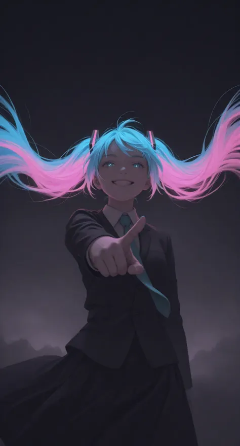 masterpiece,best quality,amazing quality,very aesthetic,absurdres,newest,impactful picture,offcial art,movie perspective, (aos:0.5),(fajyobore:0.5),(chiaroscuro:0.5), Hatsune Miku,limited palette,black background,colorful,vibrant,glowing outline,neon,black...