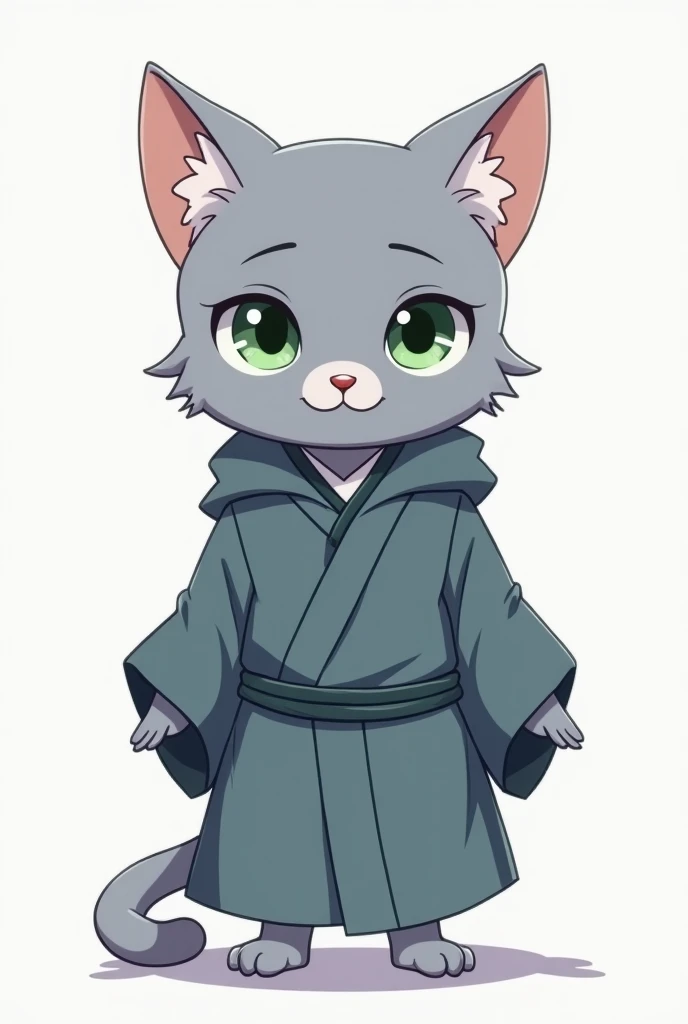 A humanoid Russian Blue cat in A-pose, designed in a cute and stylish anime style. The character has sleek gray-blue fur, large expressive green eyes, and a confident yet slightly adorable expression. It wears a simple but elegant sage-like robe, inspired ...