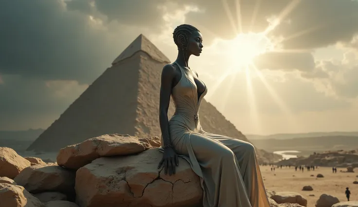 beautiful alien with humanoid head in an open dress with deep cleavage is sitting on one of the stones at the very top of the Egyptian pyramid, humanoid head, looking into the distance,sun breaking through the storm clouds, 8k, best quality, masterpiece, h...