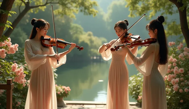 Beautiful Chinese girls wear show very big tits playing violin on stage in beautiful garden, standing face toward.