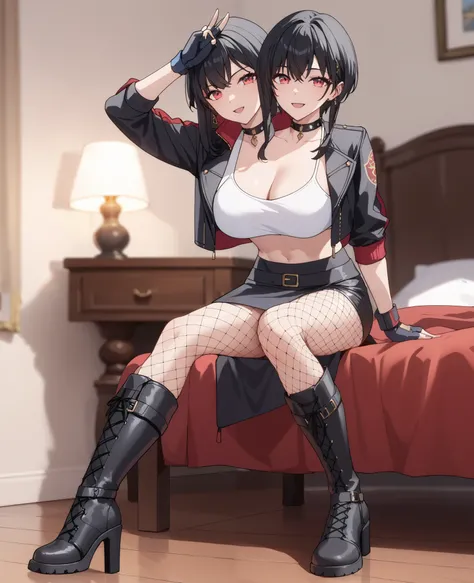 2heads, a tall thin woman with 2 heads, black hair, red eyes, black footwear, black gloves, black hair, black jacket, crop top, black fingerless gloves, fishnet pantyhose, knee boots, eather jacket, She is inside a bedroom. large breasts.