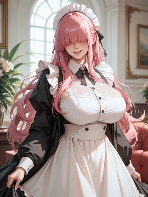  high resolution,  huge breasts ,  top quality, Pink Hair,  long hair ,  blushes, A gentle smile,  cowboy shot wearing an h coat,   maid clothes、Maid hat、 long skirt 、 s、 long bangs, bangs over eyes,