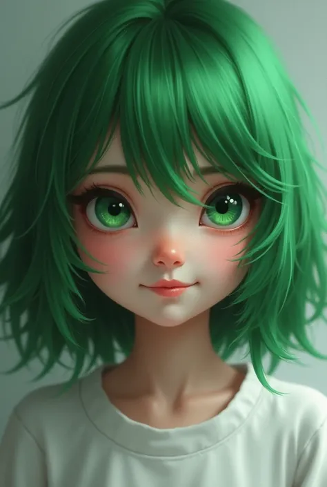 Girl. Has green hair and green eyes and white shirt, smile in suspicious 