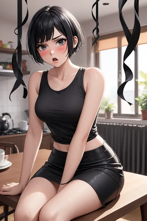 (masterpiece, best quality, 8k, high definition), whole body, 1 woman, black pixie cut, mid-chest, dark grey eyes, soft lips, beautiful face, wearing a black tanktop and tight black skirt, natural light, detailed background, Detailed Illustration Art, tsun...