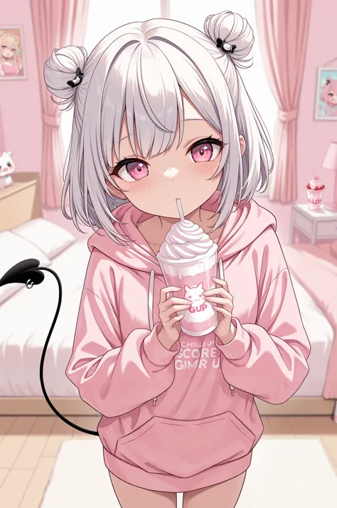 A gamer girl with black and white long-pig tailed hair. She has pink eyes, Pastel hoodie, Pastel gamer bedroom background, Milkshake, absurdres,best quality