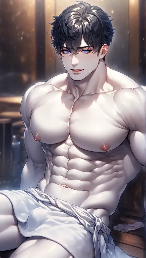 Ultra detailed, highres, absurdres, HDR, master piece, black hair with bangs, black eyelashes, expressive blue eyes, bare chest, toned chest, without shirt, sexy man sitting, towel around his waist, handsome, best quality, fantasy, magical, lewd, horny, se...