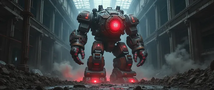 A large robot stored in a huge dummy shed has a red energy pattern.