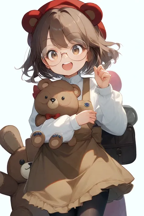 white background,Brown Hair、 red beret 、 white long sleeve blouse、 brown apron、 black tights 、Round Glasses、brown teddy bear 、赤い瞳