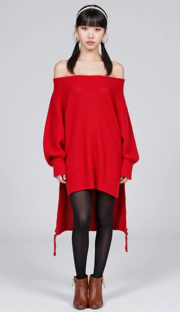 8k, RAW Photo, Best Quality, Masterpiece:1.2),(Realistic, photo-realistic:1.37), Super Detail, Wearing a semi-backless long red off-shoulder sweater with black tights, no skirt, and brown-heeled ankle boots. She wears a white headband and a pair of danglin...