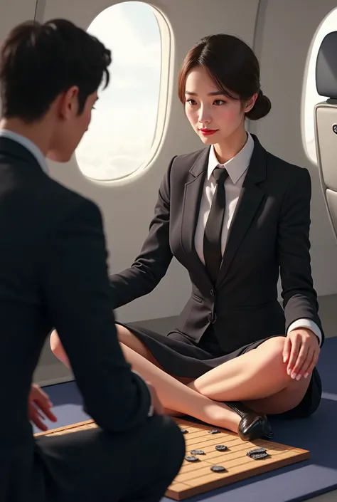 A Korean flight attendant in a black suit ,  black tie,  in a short skirt and sit in a lotus position on the floor., Wear black high heels, Also, I'm playing Go with a male passenger, and the 