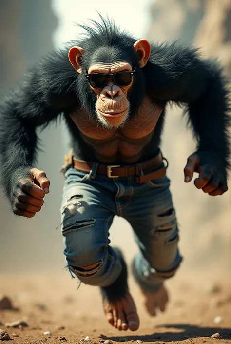 A dominant chimpanzee sprinting head-on wearing jeans, shirtless sunglasses, with two speakers on each side clearly visible on the screen. 