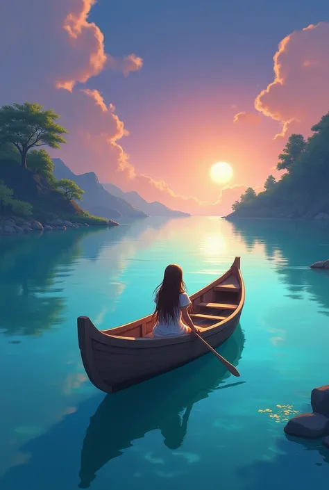 A small wouden row boat on a blue green lagon with the sky in colour's of purple blue and orange with a female with lonf brown hair in the boat floating