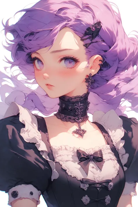 1girl, purple hair, twintwils, looking at viewer, hair clip, choker, black corset, skirt, blush, puffy sleeves, gothic clothing, highres, anime illustration, simple background, pastel colors