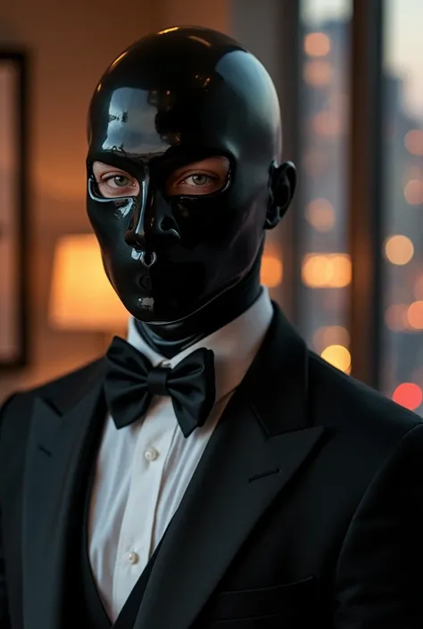 Realistic portrait of a male BDSM/fetish slave. The subject wears a black latex mask that covers the entire head except for the eyes and mouth. The slave's eyes are visible and seem to be looking directly at the camera. 
The slave wears a black suit with a...