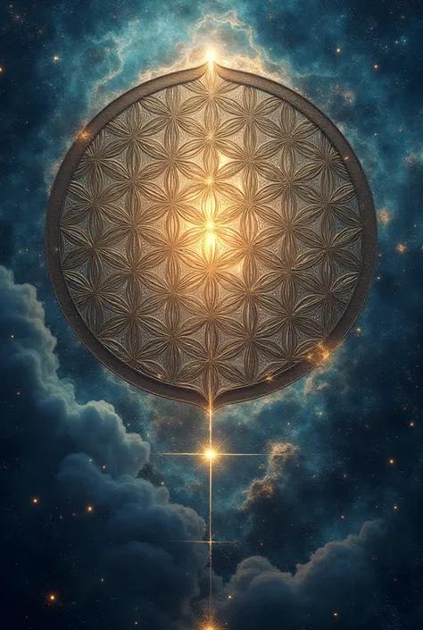 A flower of life in sacred geometry with the universe in the background 
