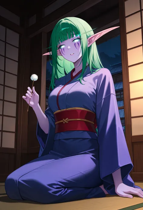 masterpiece, best quality, absurdres, highres, newest, 1girl, solo, nghtelf, pointy ears, colored sclera, glowing eyes, no pupils, no eyes, colored skin, facial mark, green hair, purple skin, blue eyes,
half-closed eyes, blunt bangs, parted lips, kneeling,...
