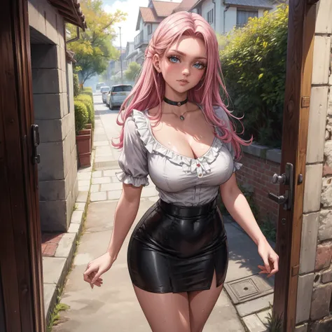 Masterpiece, beautiful art, 8k, art style by sciamano240, very detailed face, detailed hair, detailed clothes, detailed fabric, 1girl, beautiful face, long hair, hot pink hair , model head shot, facing camera, very detailed green eyes, sultry smile, wearin...