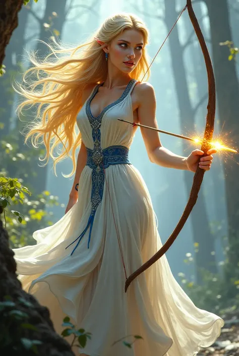 An adult elf,  long blonde hair , white dress with blue details,beautiful, attractive, powerful, holding a bow and arrow with a glowing golden arrow.