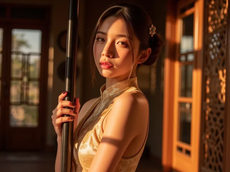 
The young woman in golden brown cheongsam stands gracefully in a traditional Chinese-style room, holding a long tube with confidence. The warm light enhances her delicate features, making her appearance look even more seductive, tying up some of her hair,...