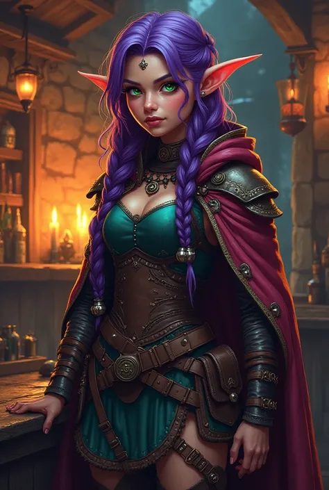 A half-elf with purple hair ,  braided in braids with silver bells , eyes, changing colors from emerald and green,  eccentric colorful cloak with many pockets ,  background — a tavern with dim light and magical attributes on the walls ,  the atmosphere is ...